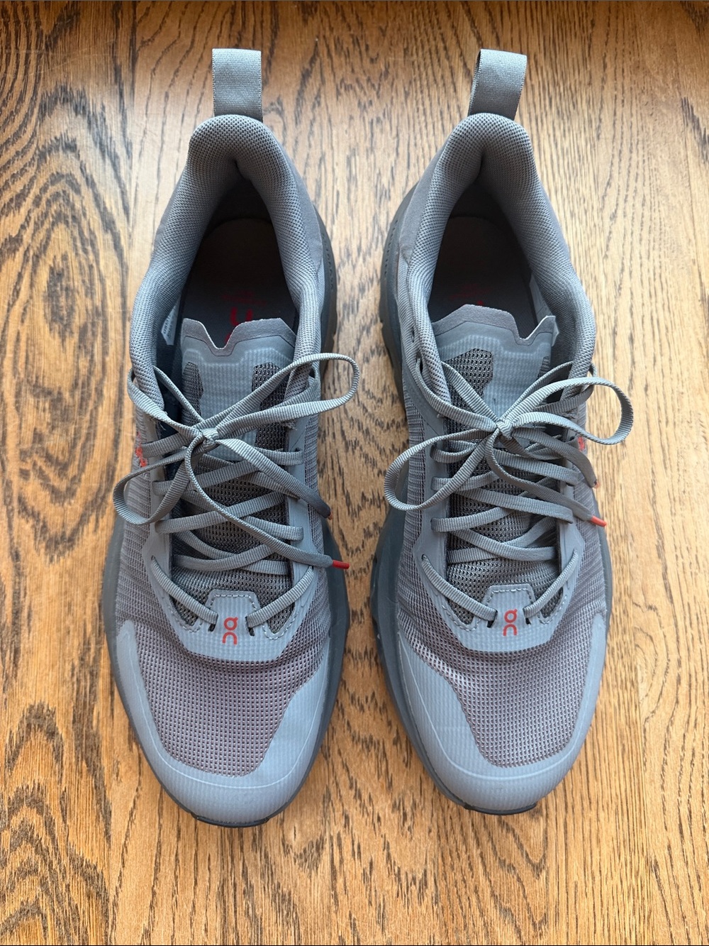 On Running Men’s Grey Athletic Lace-Up Sneakers with Red Accents